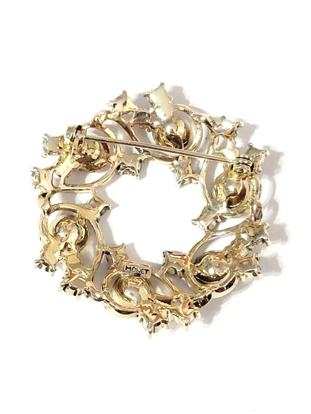 Monet Rhinestone Wreath Brooch Pin, Pink Green Amber Glass Designer go-102